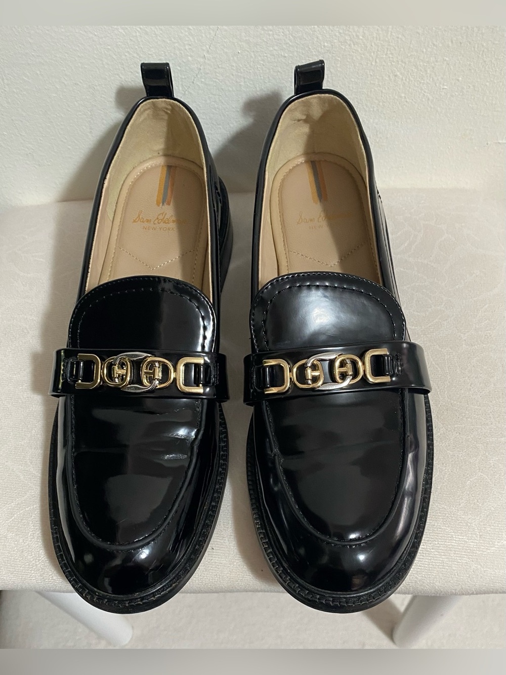 Sam Edelman Black Patent Loafers with Gold Hardware